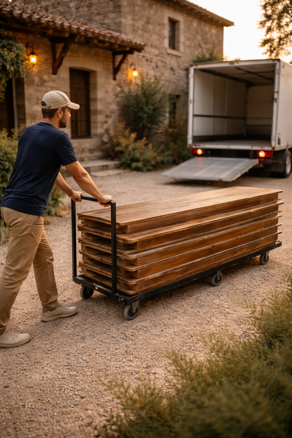 Livraison des bancs sur chariot