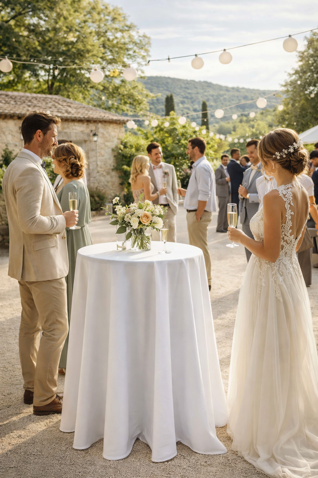 Mange debout avec nappe blanche.